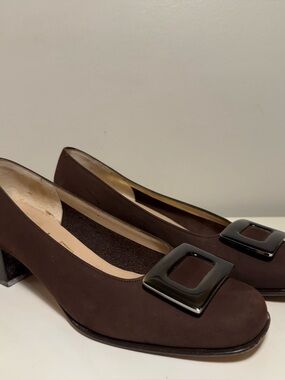 Salvatore Ferragamo Brown Leather Square Toe Heels Women’s Size 4 Gold Tan